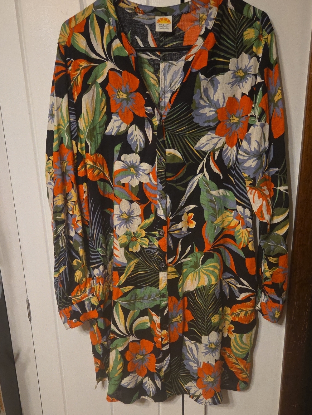 C.C California Black Tunic with Orange & Green Tropical Print